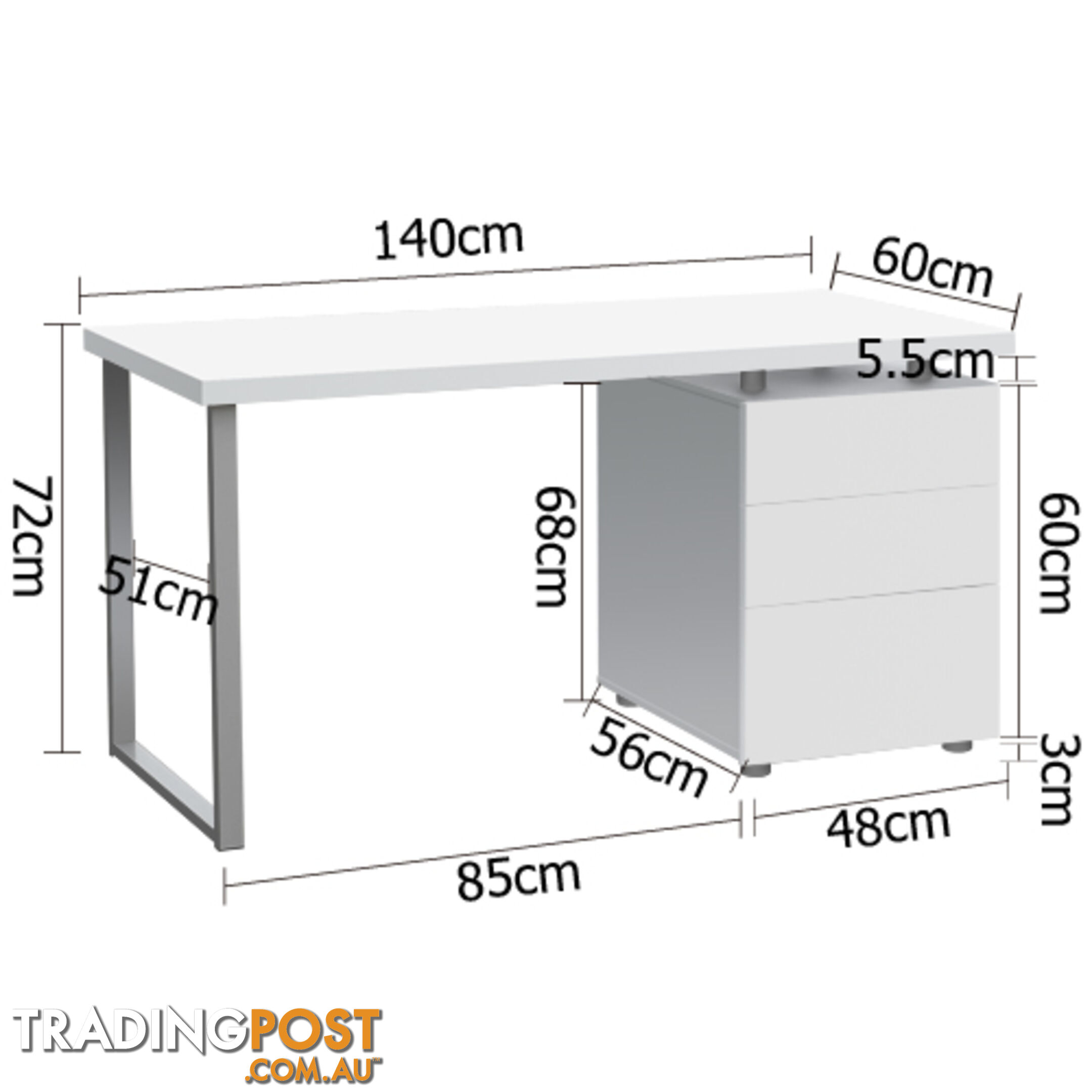 Office Study Computer Desk w/ 3 Drawer Cabinet White