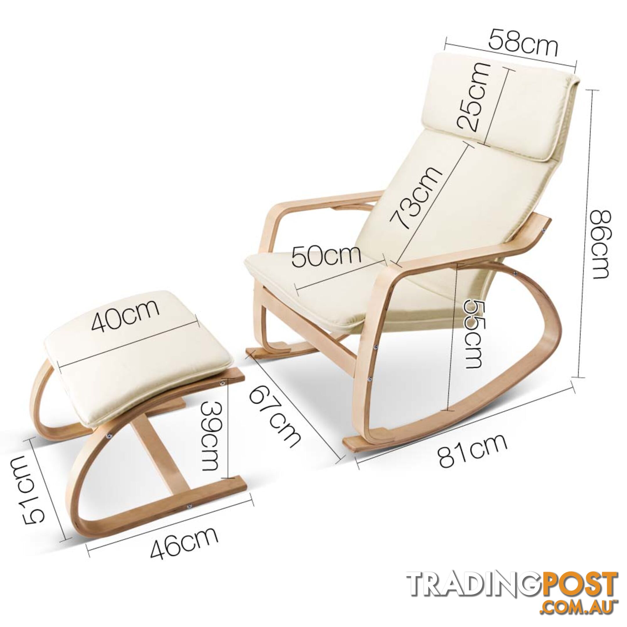 Birch Plywood Fabric Lounge Rocking Chair - Beige - with Foot Stool