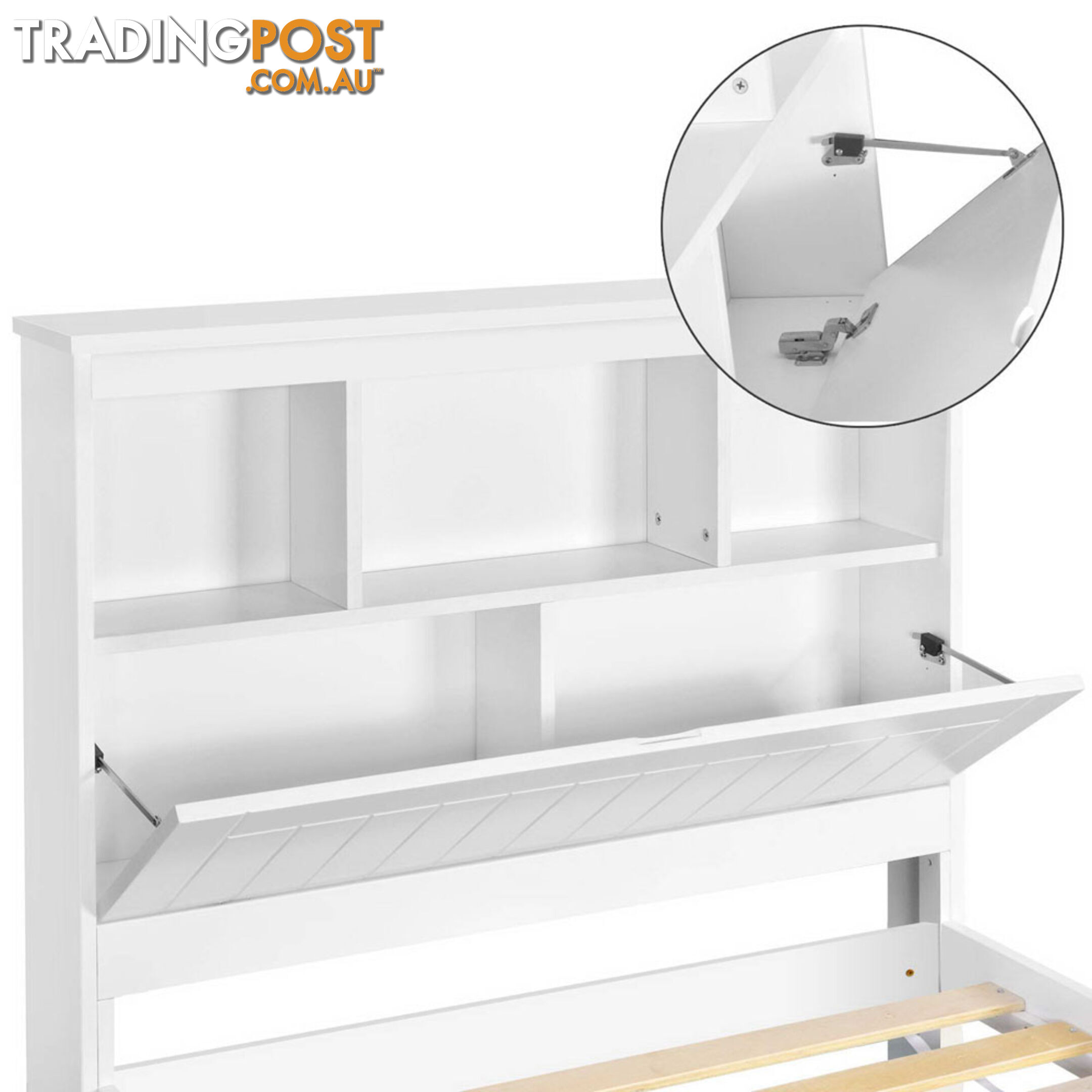 King Single Wooden Bedframe with Storage Shelf  - White