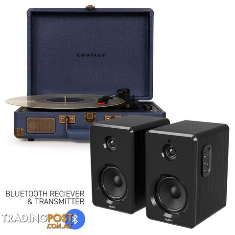 Crosley Cruiser Bluetooth Portable Turntable - Navy + Bundled Majority D40 Bluetooth Speakers - Black - 782706322968 - Crosley - 782706322968