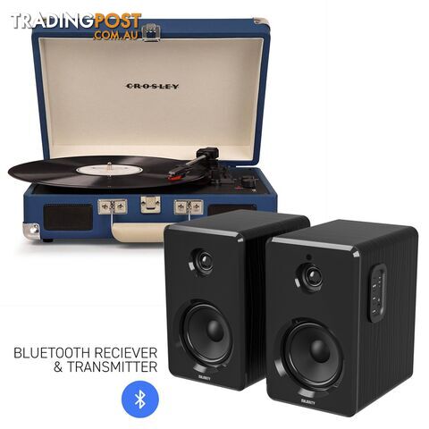 Crosley Cruiser Bluetooth Portable Turntable - Blue + Bundled Majority D40 Bluetooth Speakers - Black - 782706322906 - Crosley - 782706322906