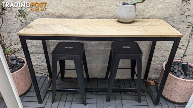 Timber top table and two metal bar stools
