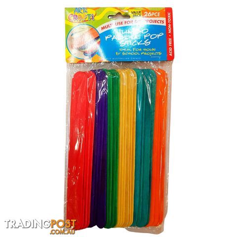 26pce Jumbo Paddle Pop Sticks 19cm Mulit Coloured Wooden - 9315892237122 - ARH-9315892237122