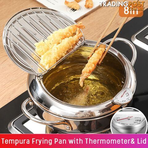 8'' Tempura Deep Fryer Stainless Steel Kitchen Cooker Tool W/ lid Thermometer - 06901492106482 - YKS-SKUE70892