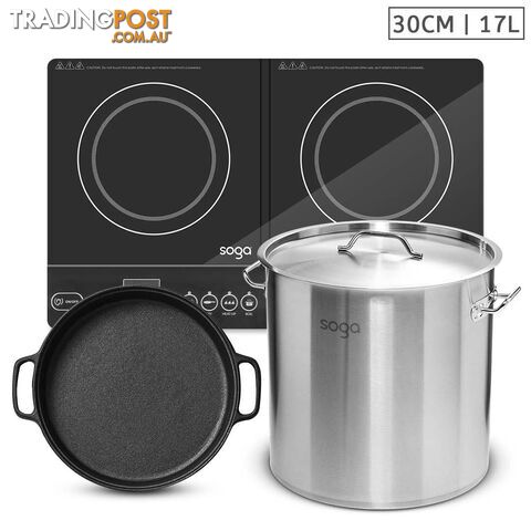 SOGA Dual Burners Cooktop Stove, 30cm Cast Iron Skillet and 17L Stainless Steel Stockpot 28cm - SOGA - HEY-ECooktDBL-Sizzle30-StockP28CM