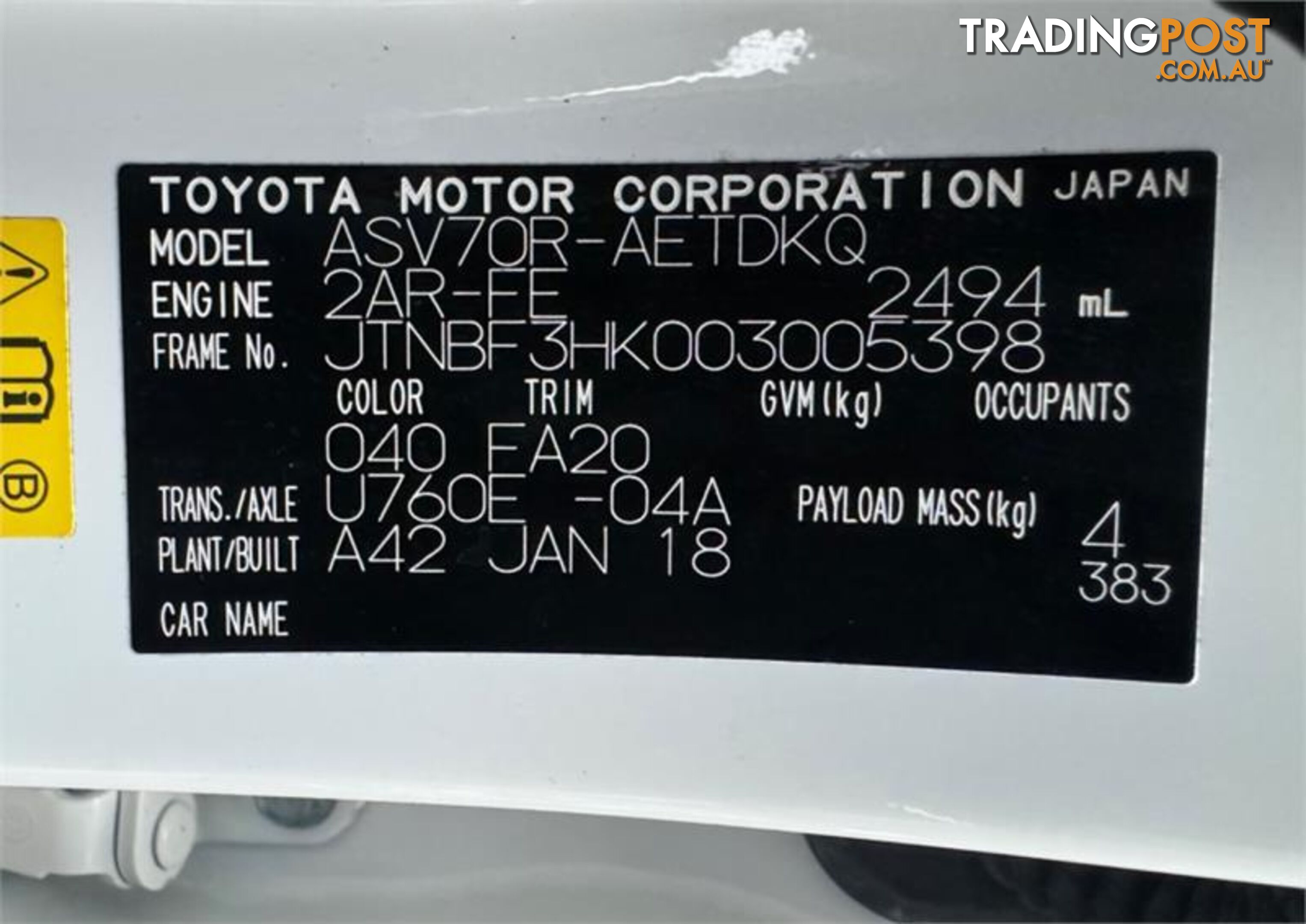 2018 TOYOTA CAMRY ASCENT ASV70R SEDAN, 4 DOORS, 5 SEATS