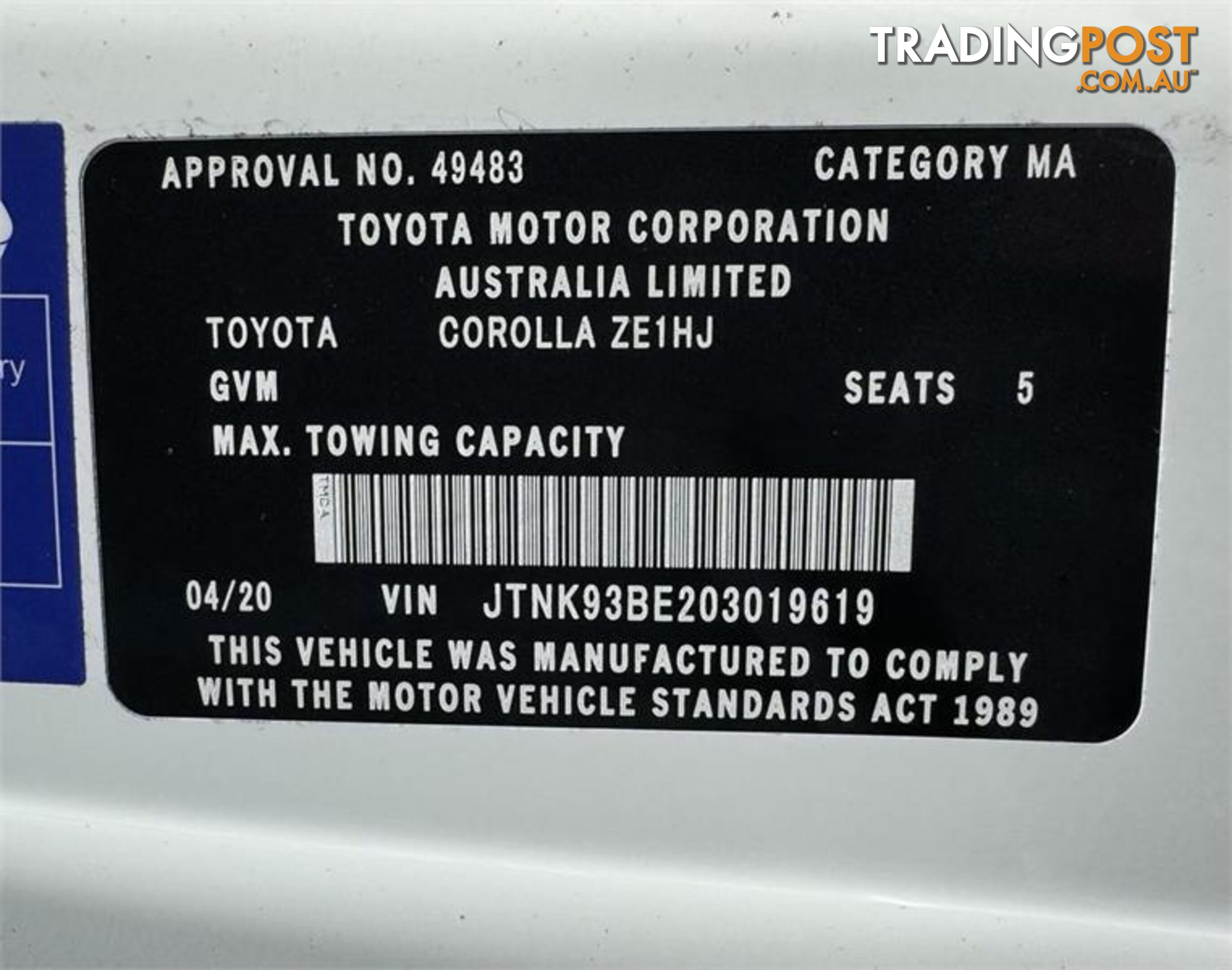 2020 TOYOTA COROLLA ASCENT SPORT (HYBRID) ZWE211R HATCH, 5 DOORS, 5 SEATS