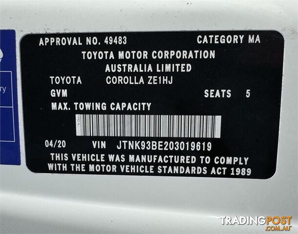 2020 TOYOTA COROLLA ASCENT SPORT (HYBRID) ZWE211R HATCH, 5 DOORS, 5 SEATS