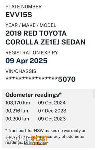 2019 TOYOTA COROLLA ASCENT SPORT MZEA12R SEDAN