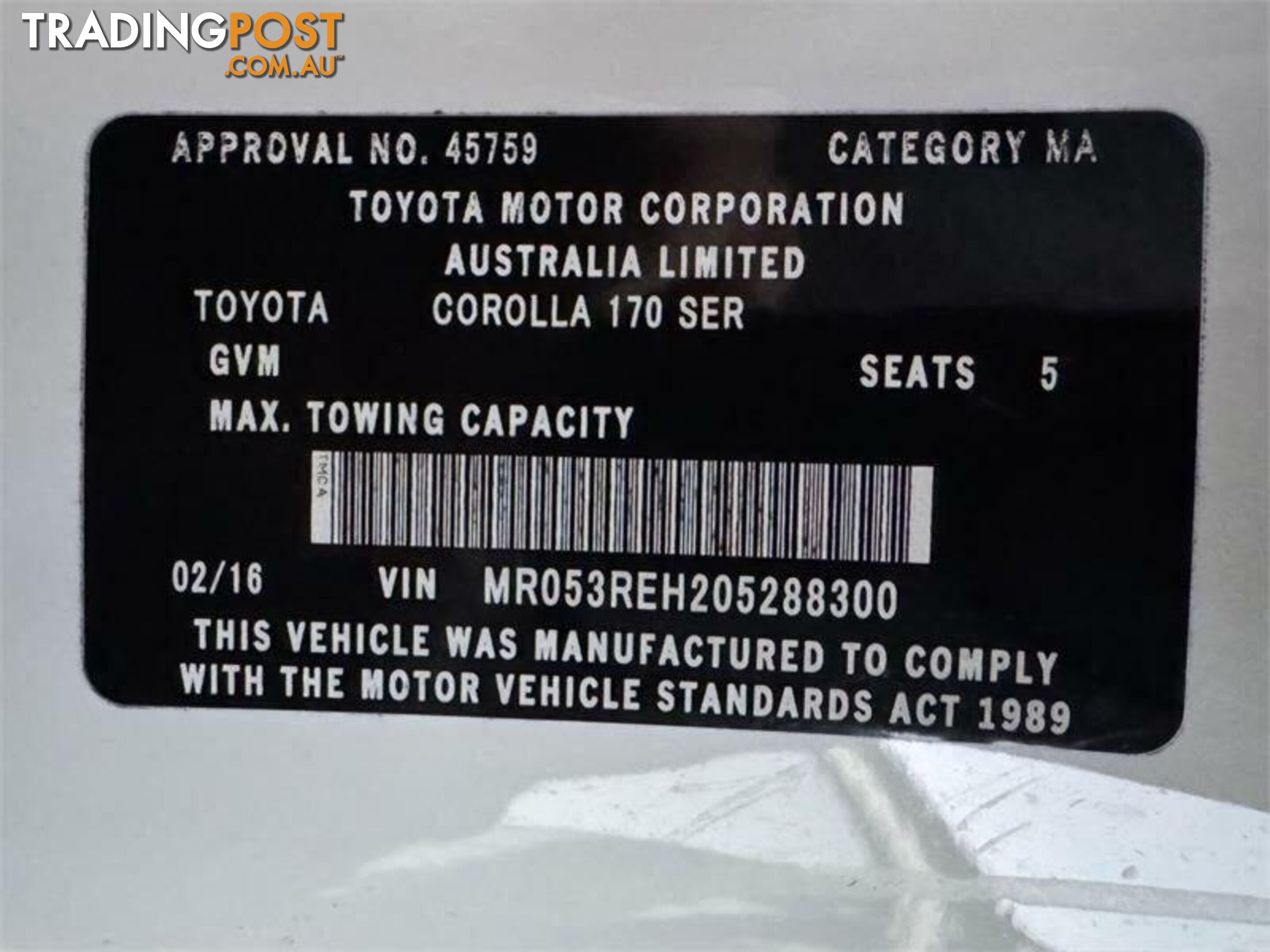 2016 TOYOTA COROLLA ASCENT ZRE172R SEDAN, 4 DOORS, 5 SEATS