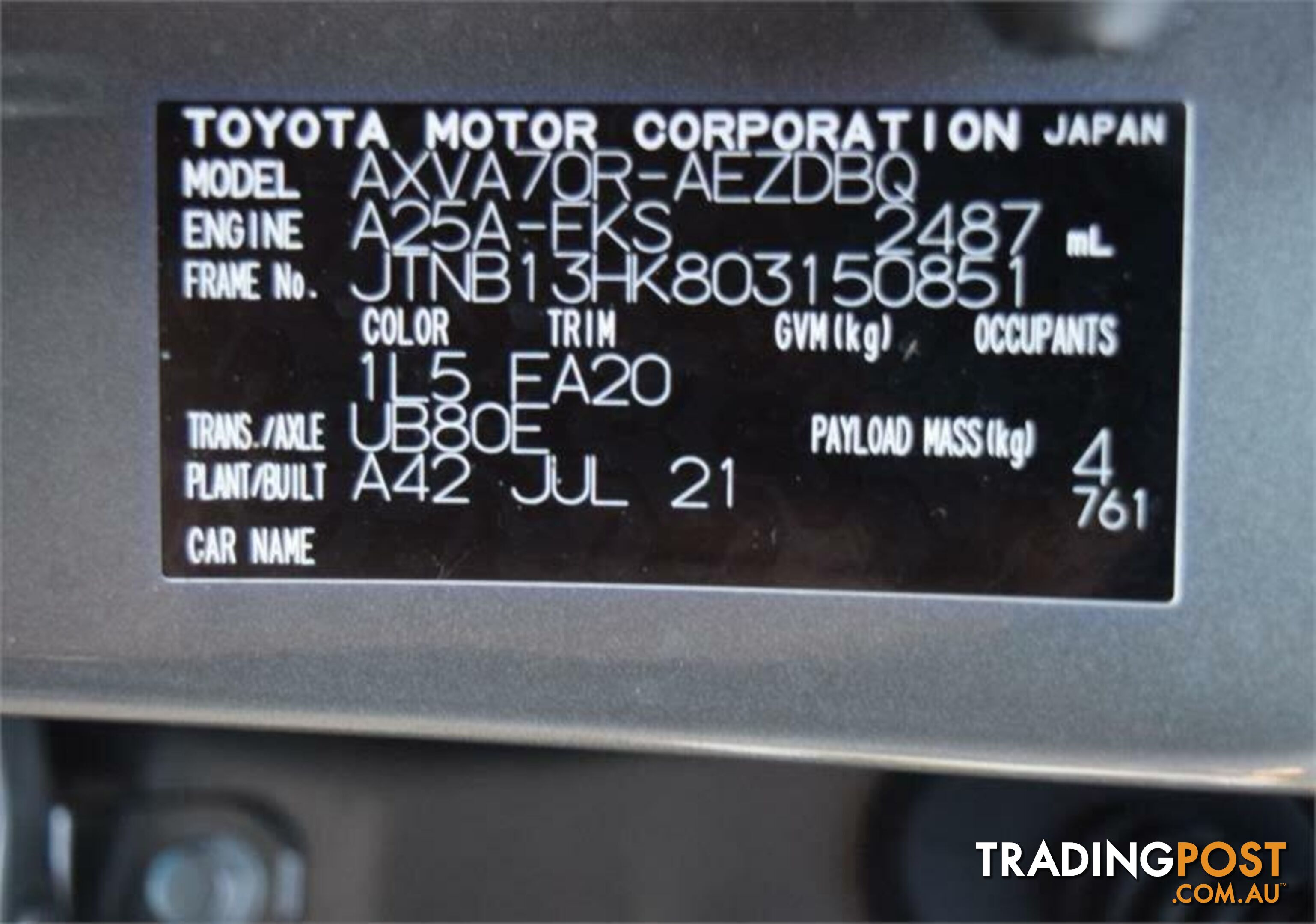 2021 TOYOTA CAMRY ASCENT AXVA70R SEDAN