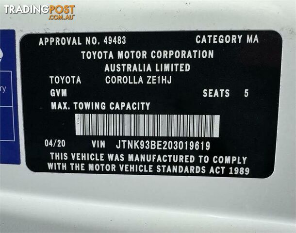 2020 TOYOTA COROLLA ASCENT SPORT (HYBRID) ZWE211R HATCH, 5 DOORS, 5 SEATS