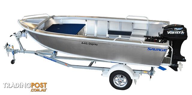 Brand new Savage 445 Osprey open tiller steer aluminium boat in stock. 