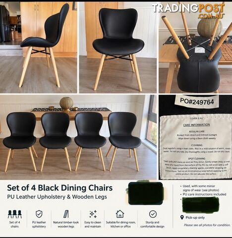 Selling a set of 4 stylish black dining chairs with natural wooden legs.