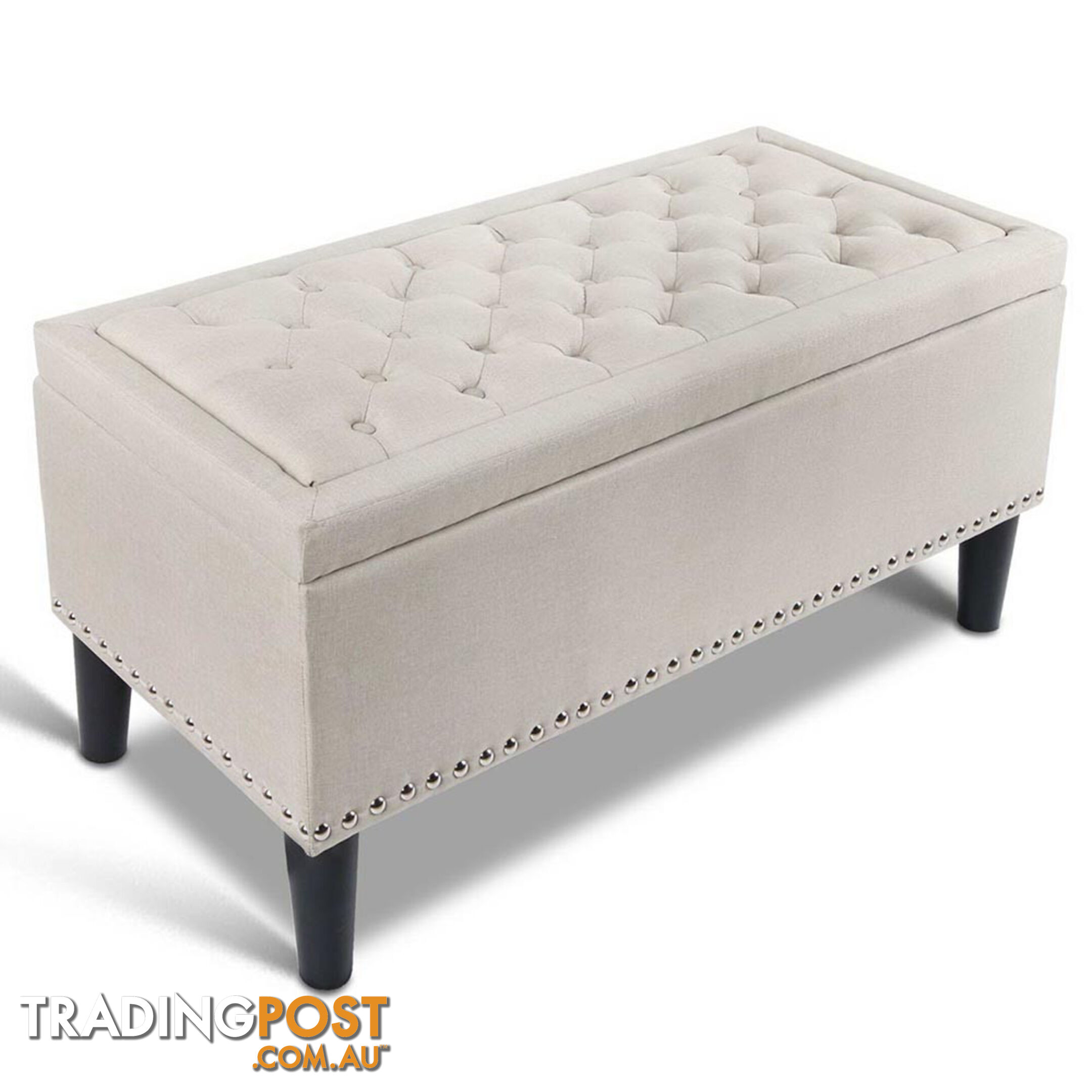 Linen Fabric Storage Ottoman with Studs  Taupe