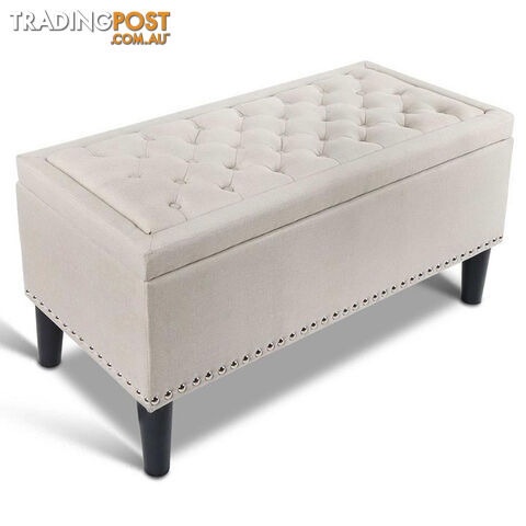 Linen Fabric Storage Ottoman with Studs  Taupe