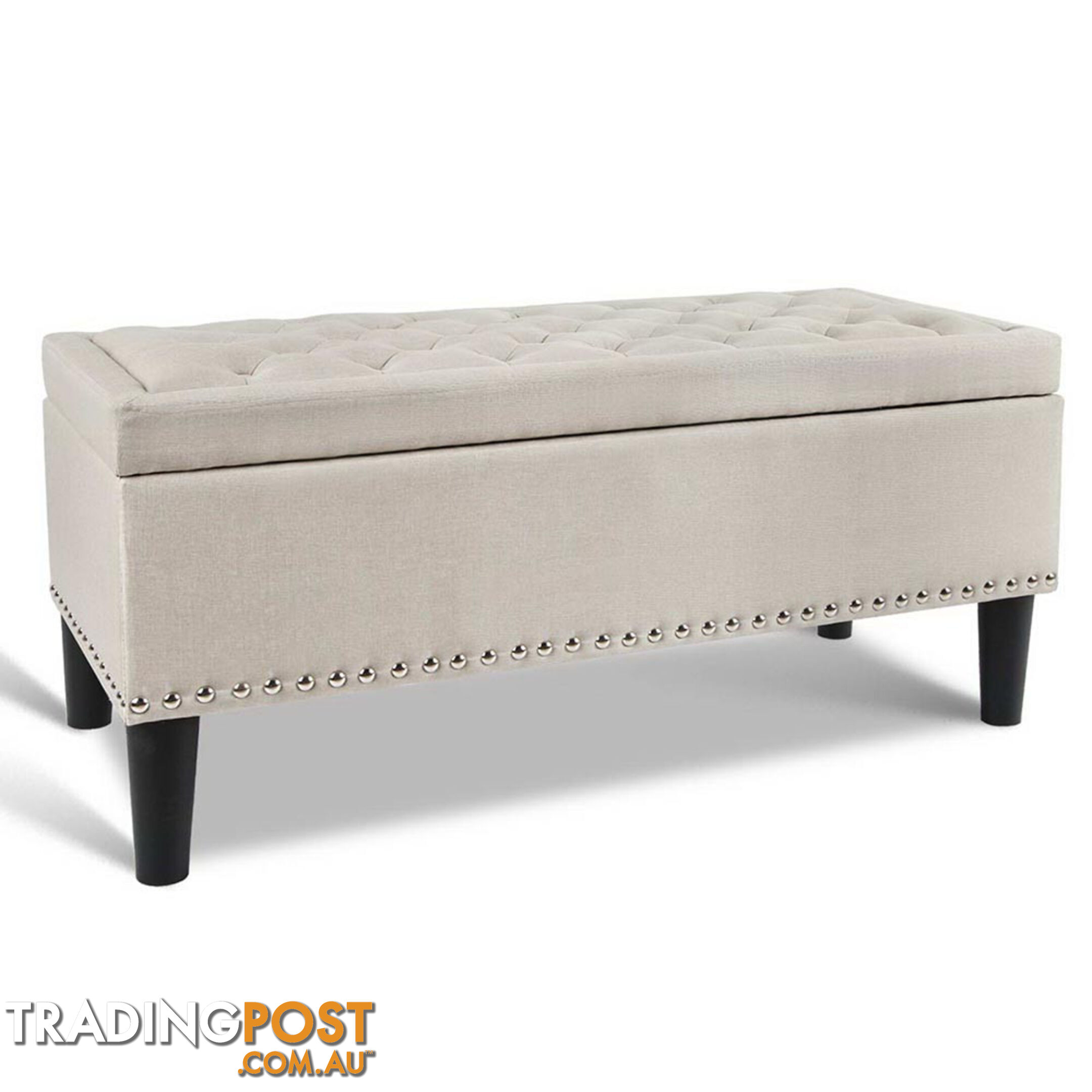 Linen Fabric Storage Ottoman with Studs  Taupe