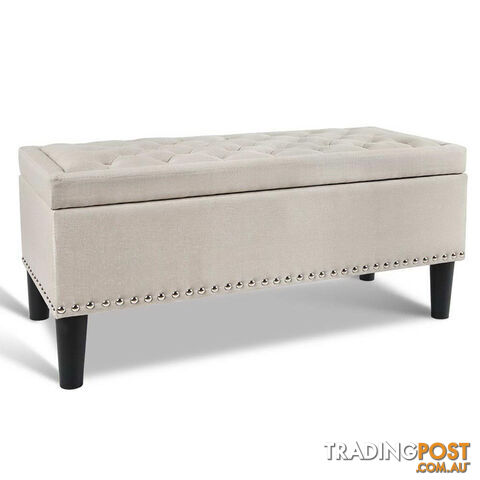 Linen Fabric Storage Ottoman with Studs  Taupe