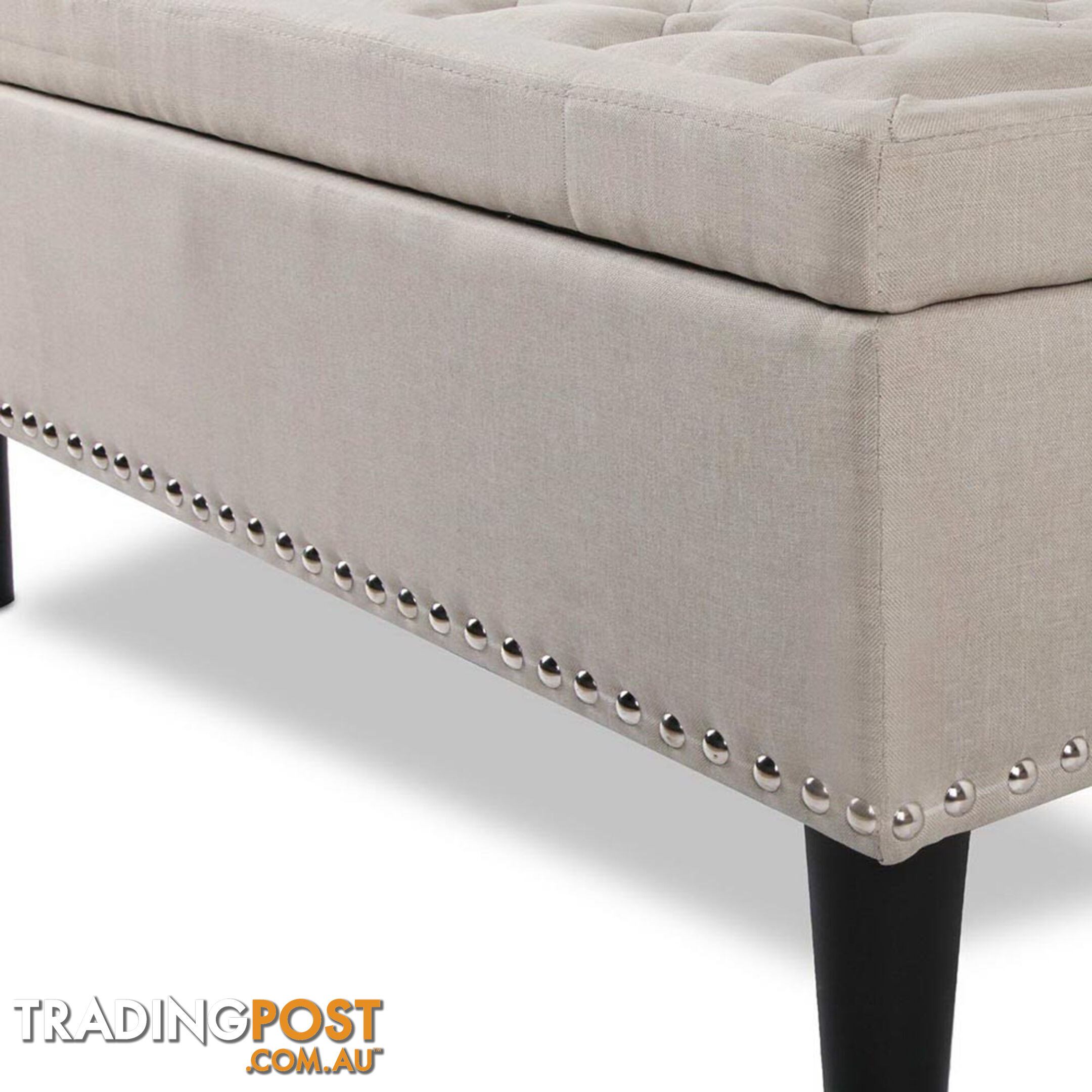 Linen Fabric Storage Ottoman with Studs  Taupe