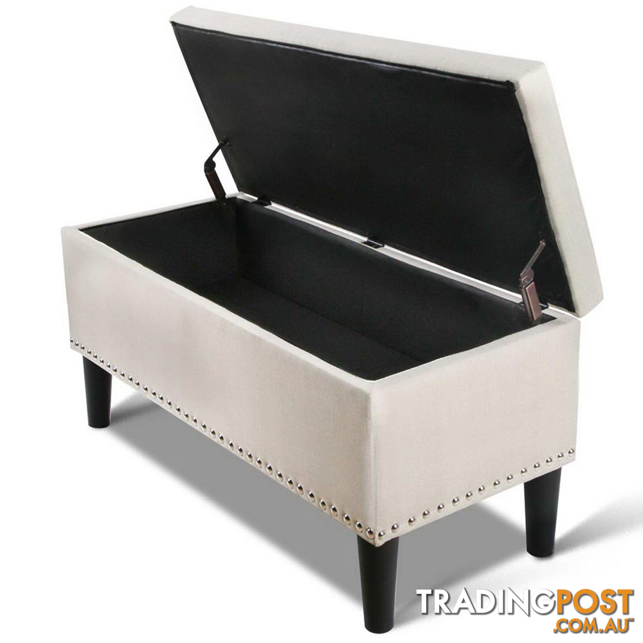 Linen Fabric Storage Ottoman with Studs  Taupe