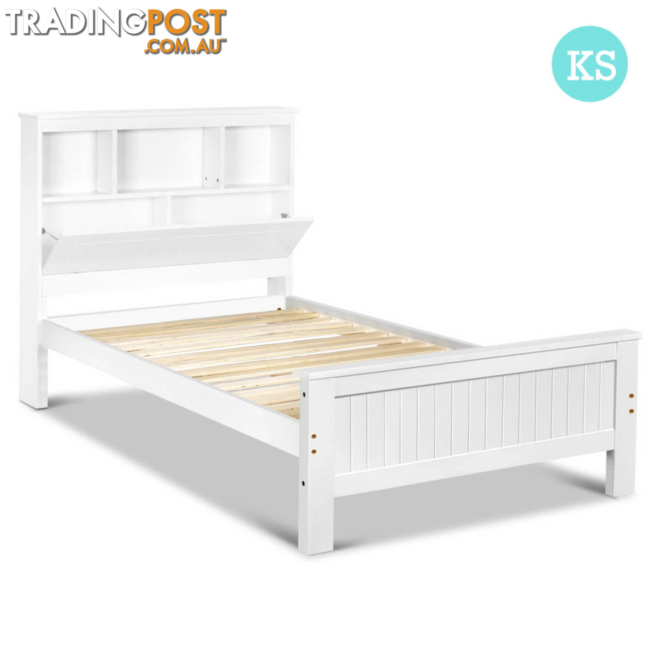 King Single Wooden Bedframe with Storage Shelf  - White