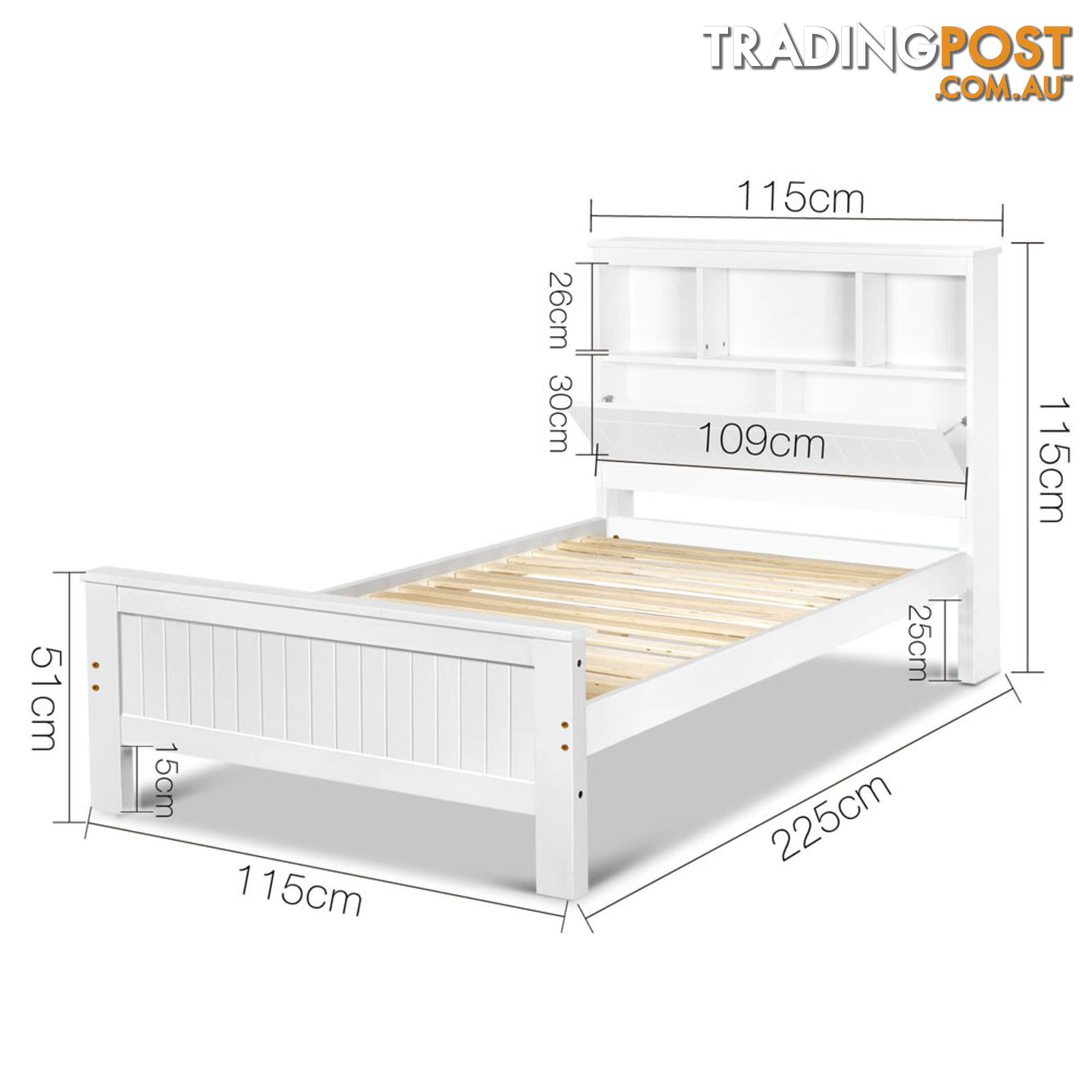 King Single Wooden Bedframe with Storage Shelf  - White