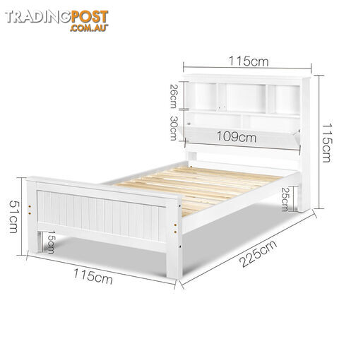 King Single Wooden Bedframe with Storage Shelf  - White