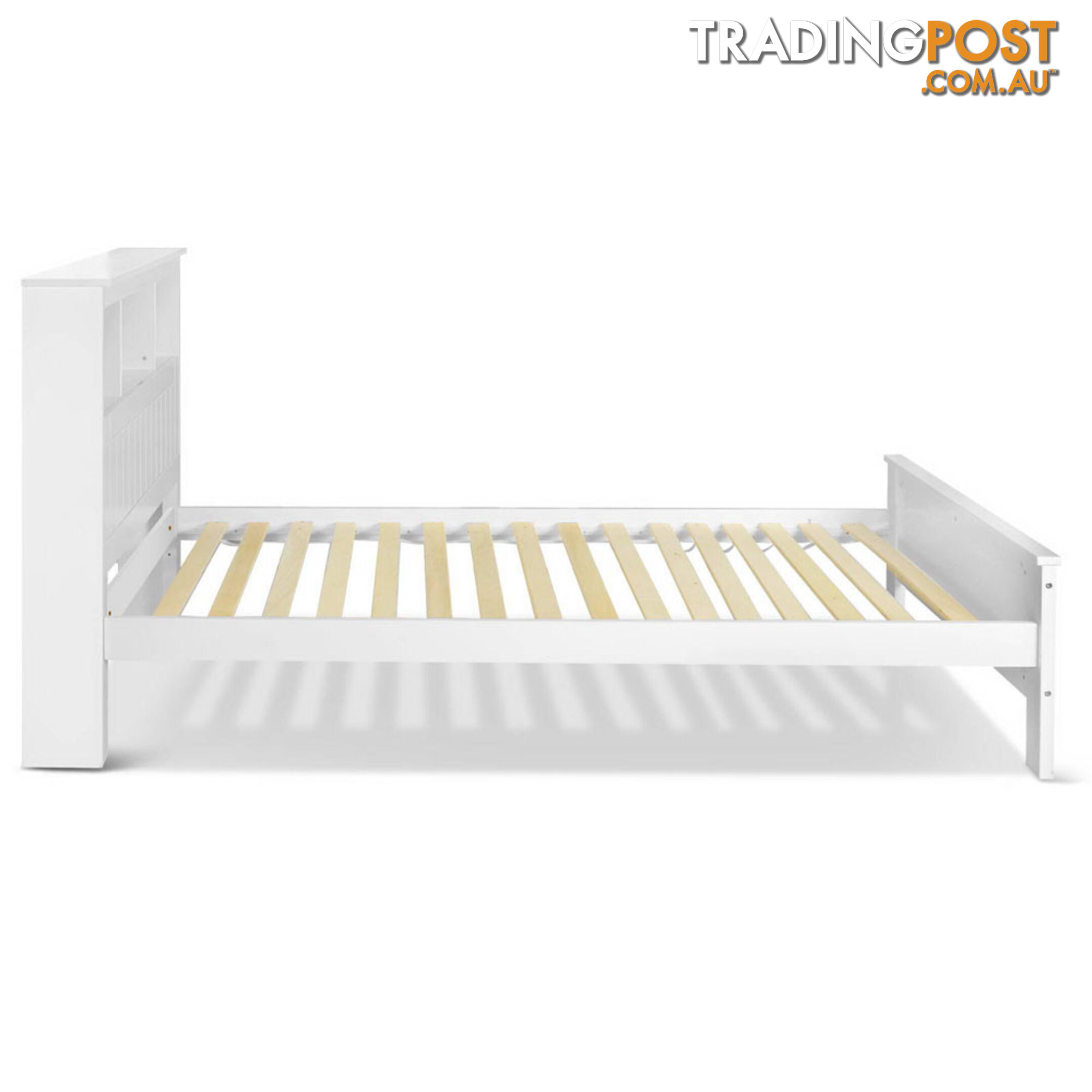 King Single Wooden Bedframe with Storage Shelf  - White