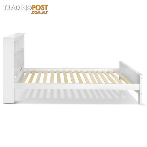 King Single Wooden Bedframe with Storage Shelf  - White