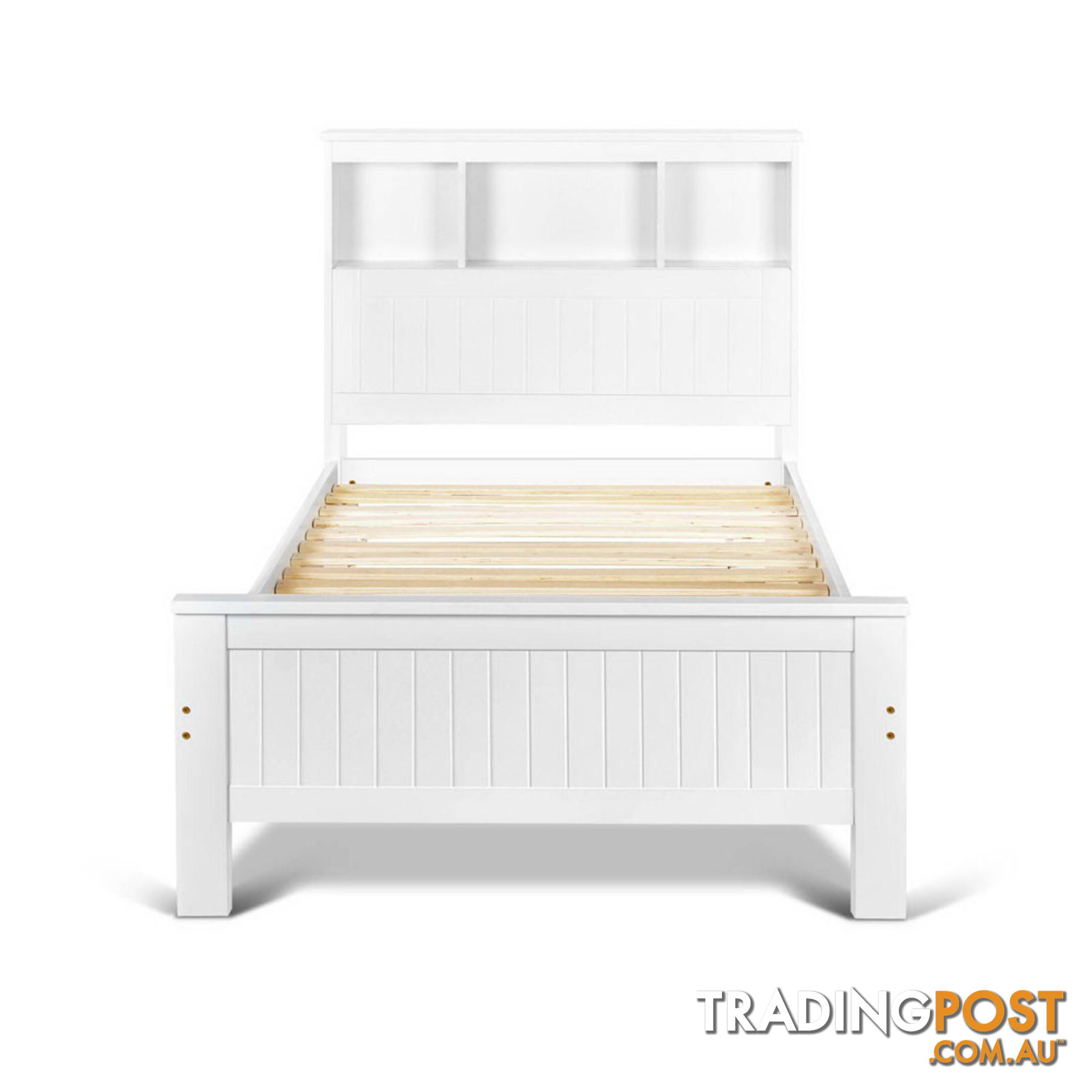 King Single Wooden Bedframe with Storage Shelf  - White