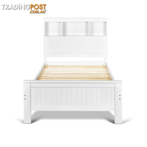 King Single Wooden Bedframe with Storage Shelf  - White