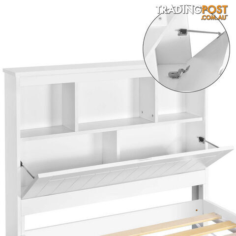 King Single Wooden Bedframe with Storage Shelf  - White