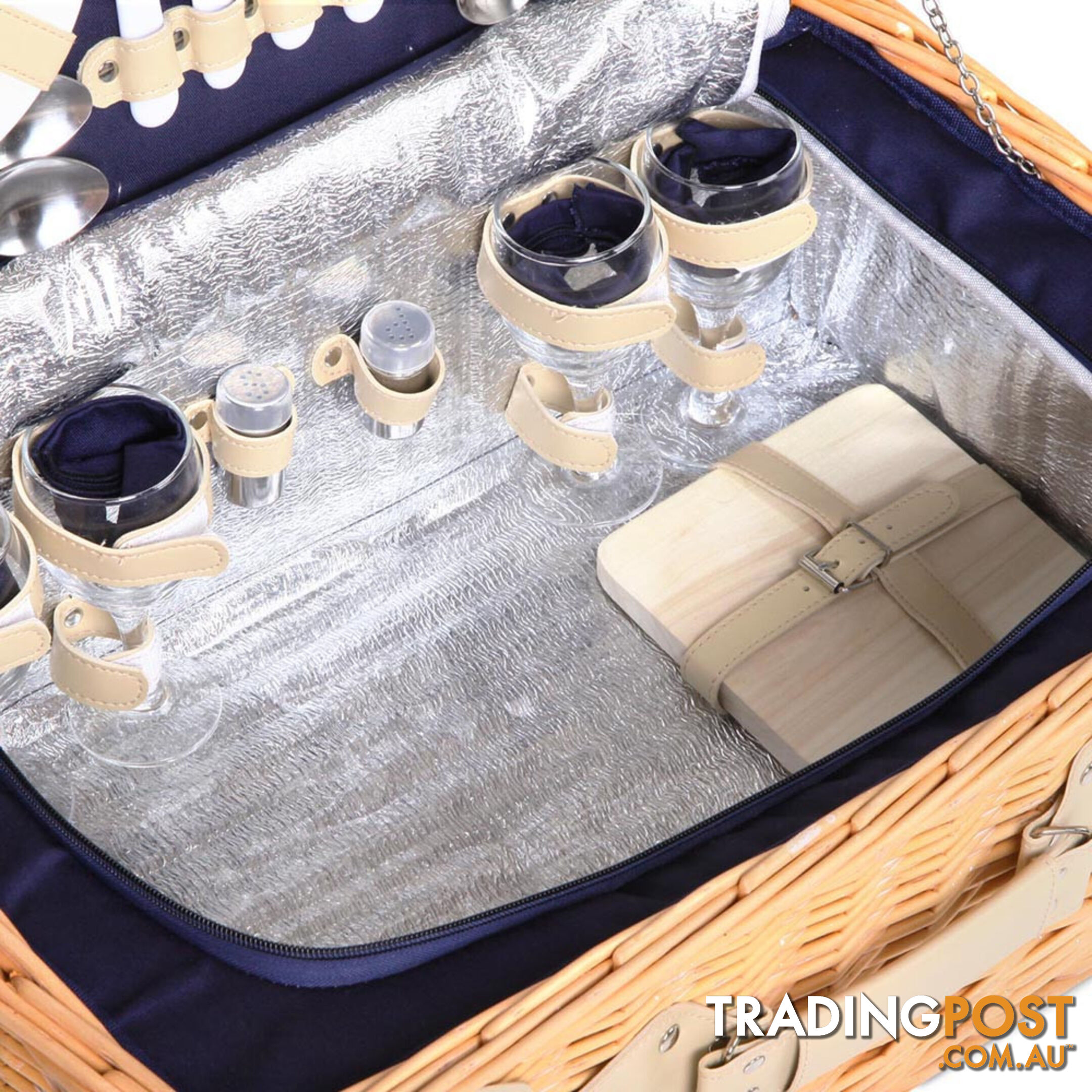 4 Person Picnic Basket Set with Cooler Bag Blanket - Navy