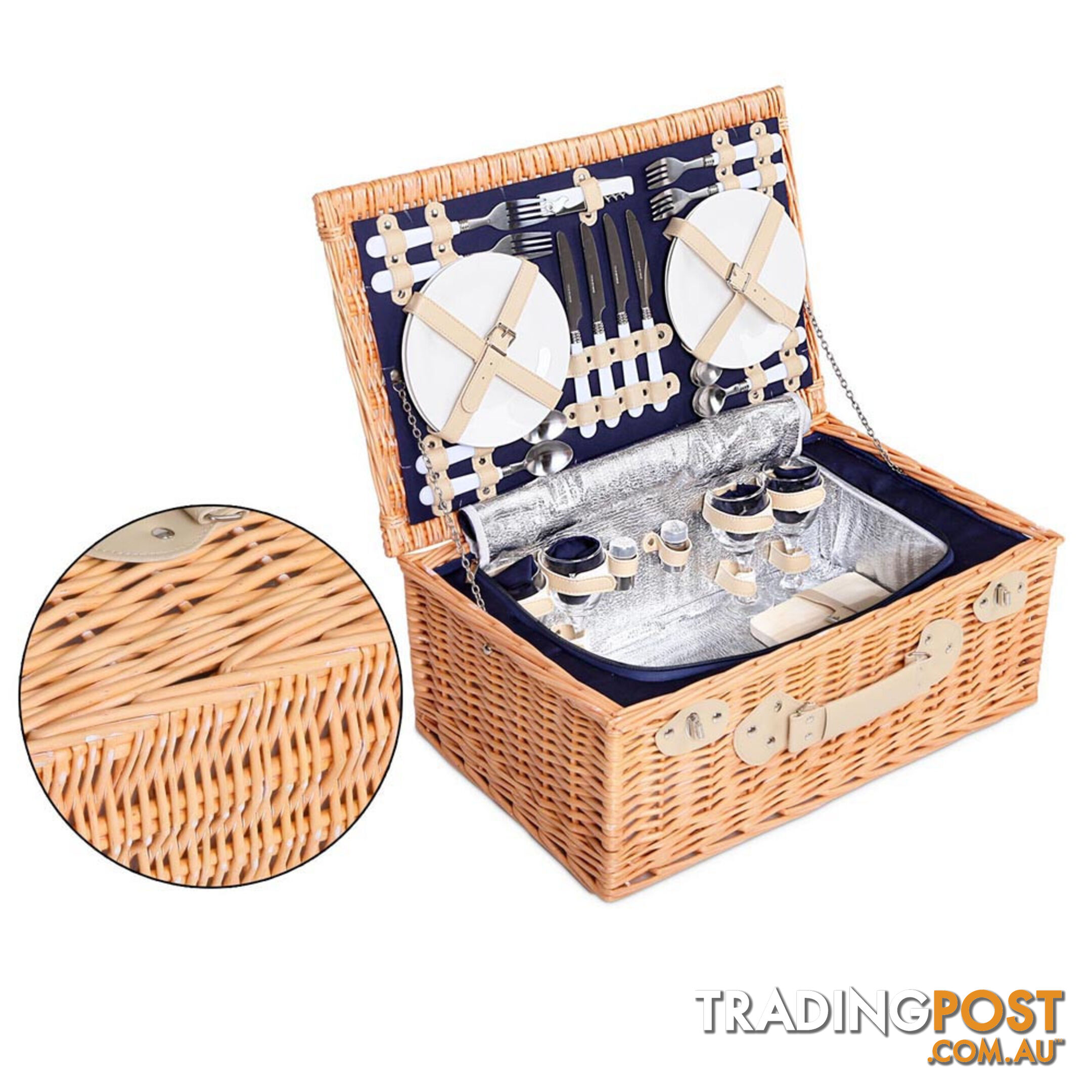 4 Person Picnic Basket Set with Cooler Bag Blanket - Navy