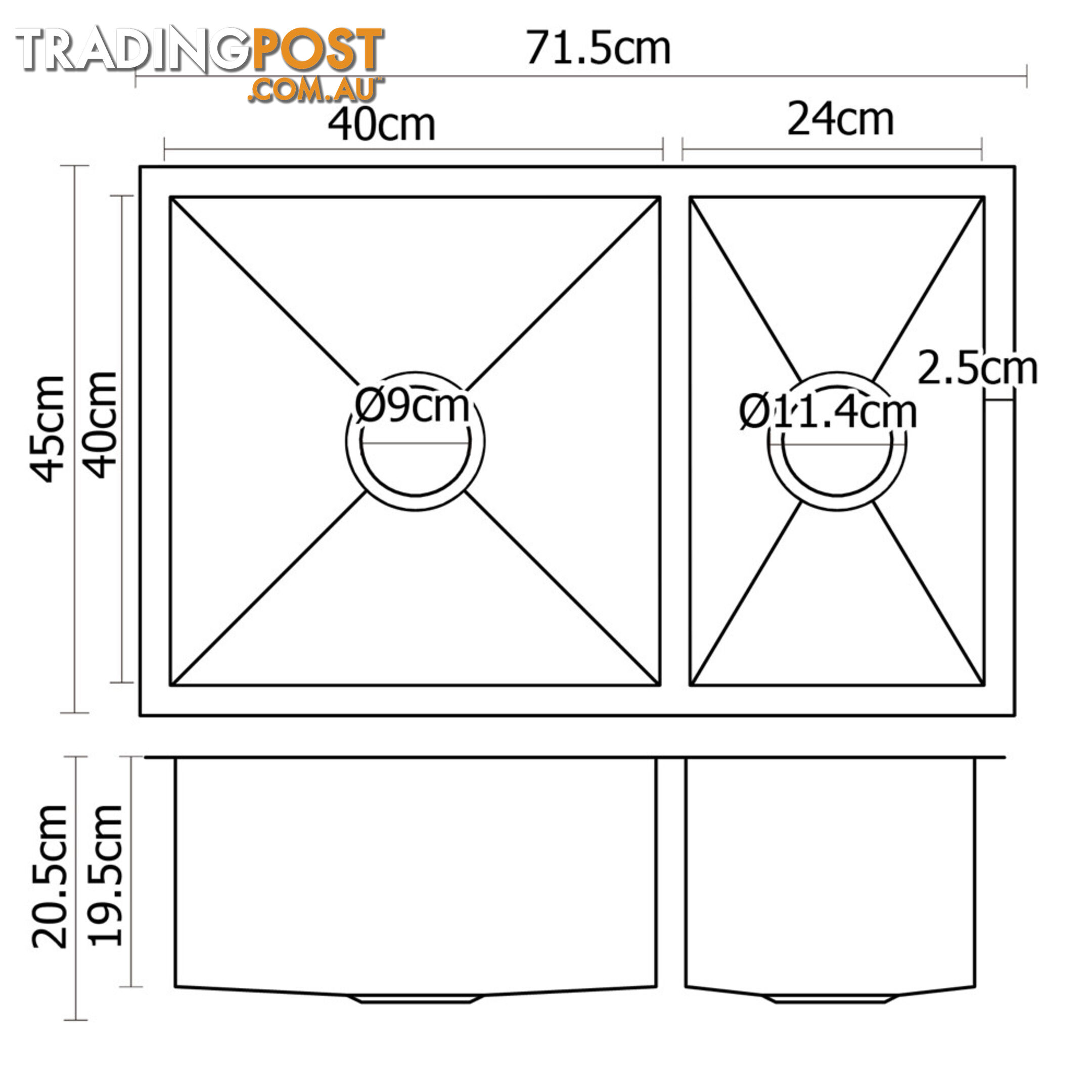 Stainless Steel Kitchen/Laundry Sink w/ Strainer Waste 770 x 450 mm