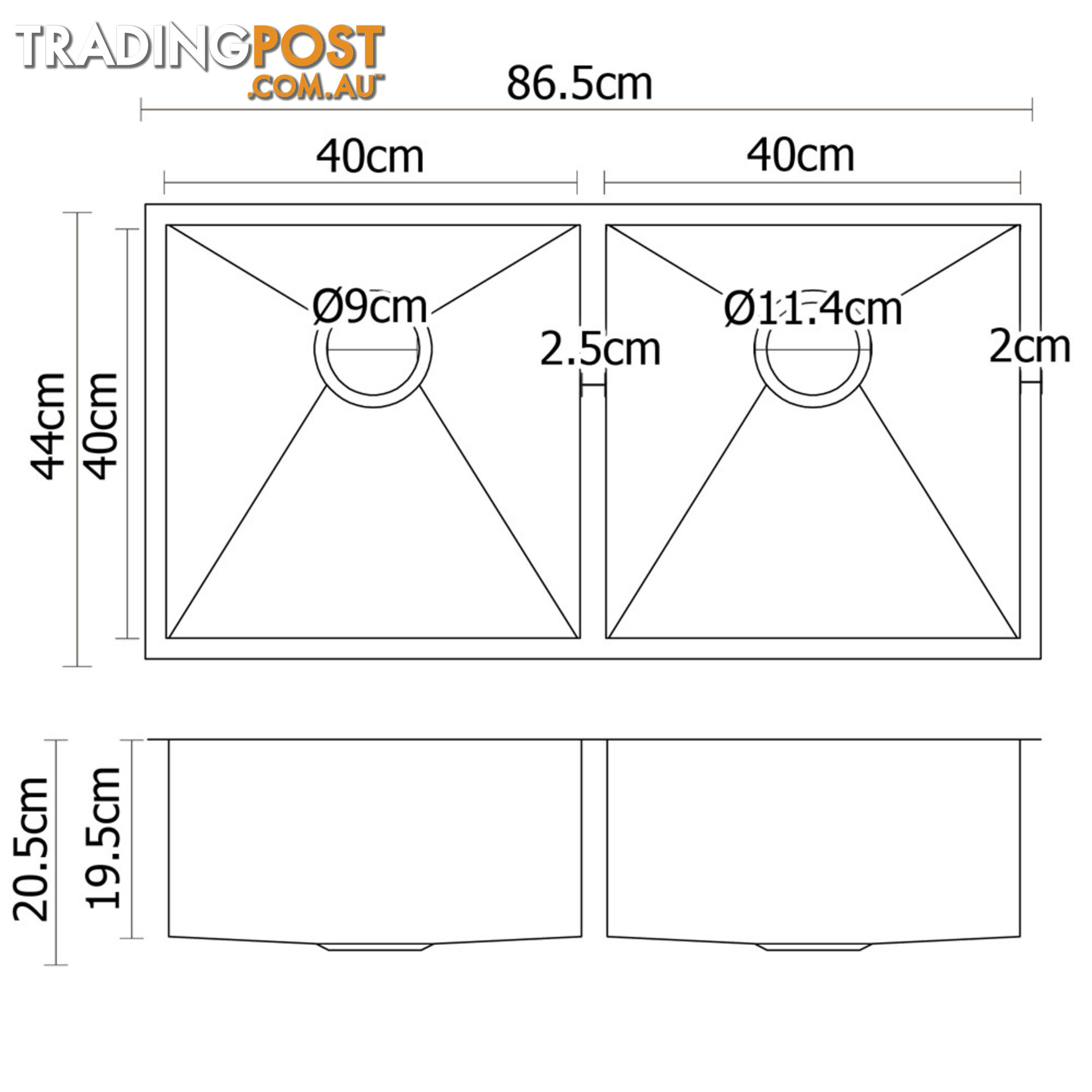 Stainless Steel Kitchen/Laundry Sink w/ Strainer Waste 870x450mm