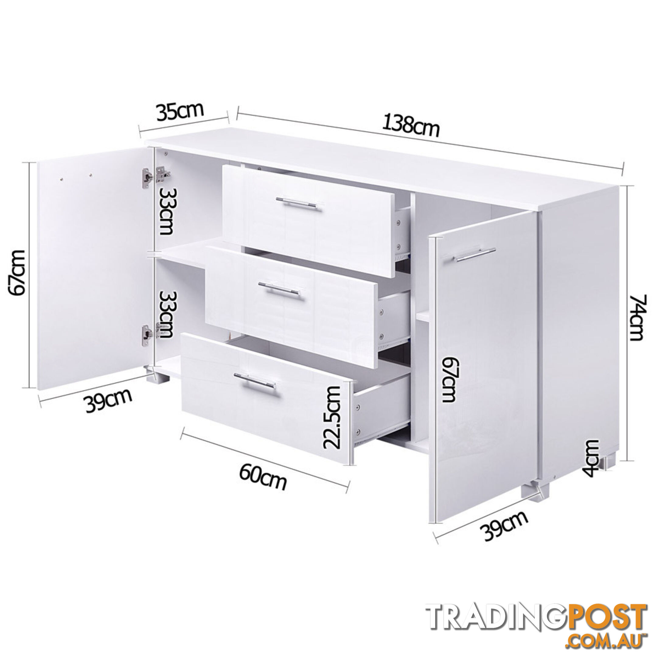 High Gloss Sideboard Storage Cabinet Cupboard White