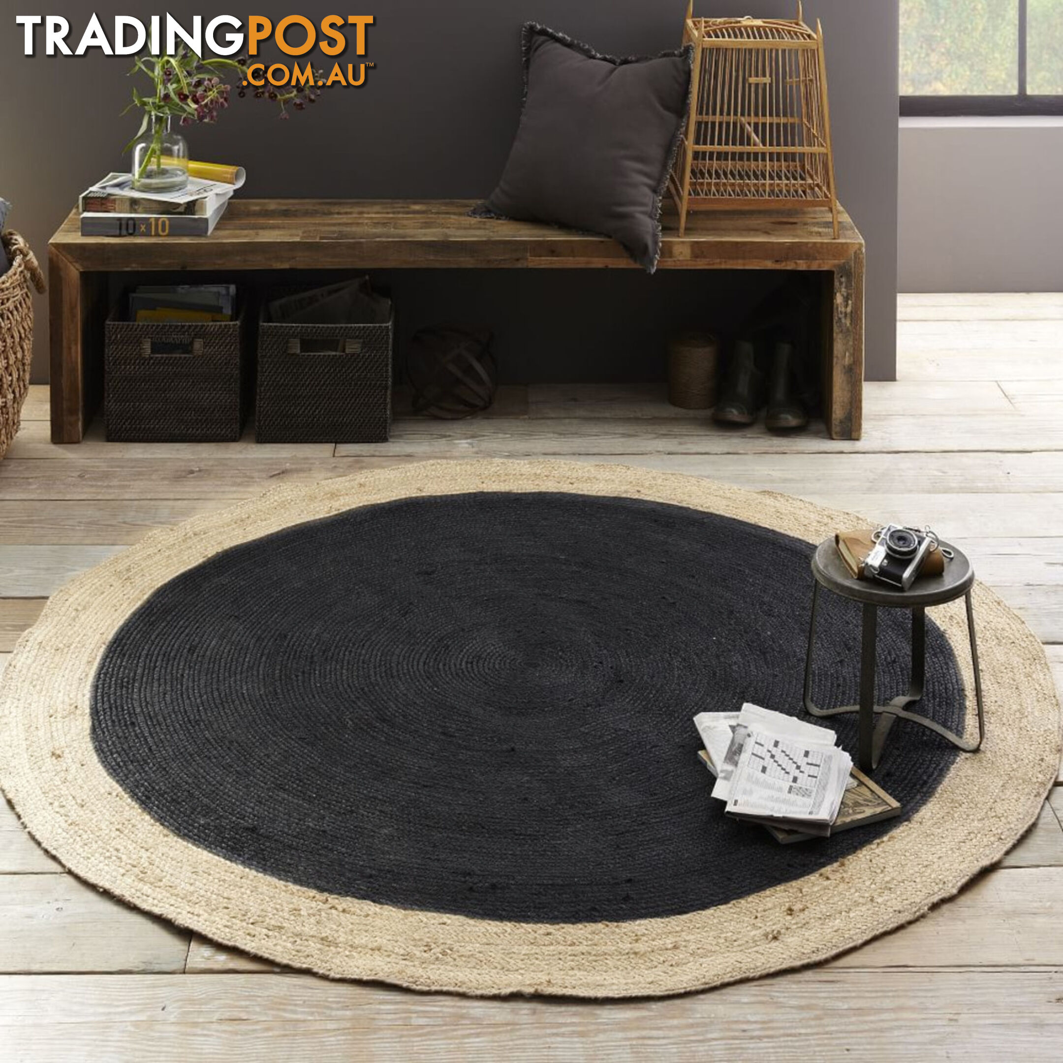 Jute Round Black Rug Black & Natural 120x120cm