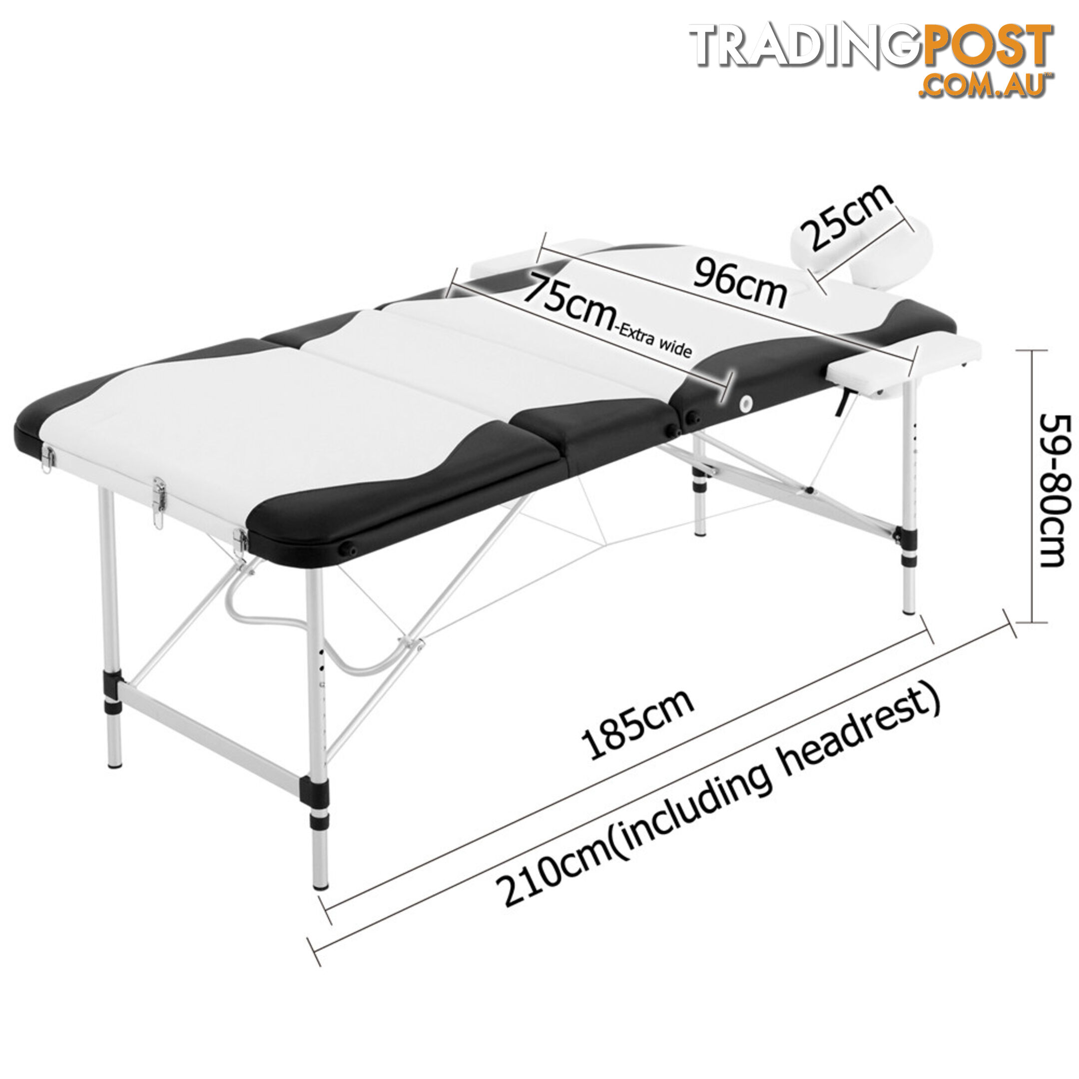 Portable Aluminium 3 Fold Massage Table Chair Bed Black White 75cm