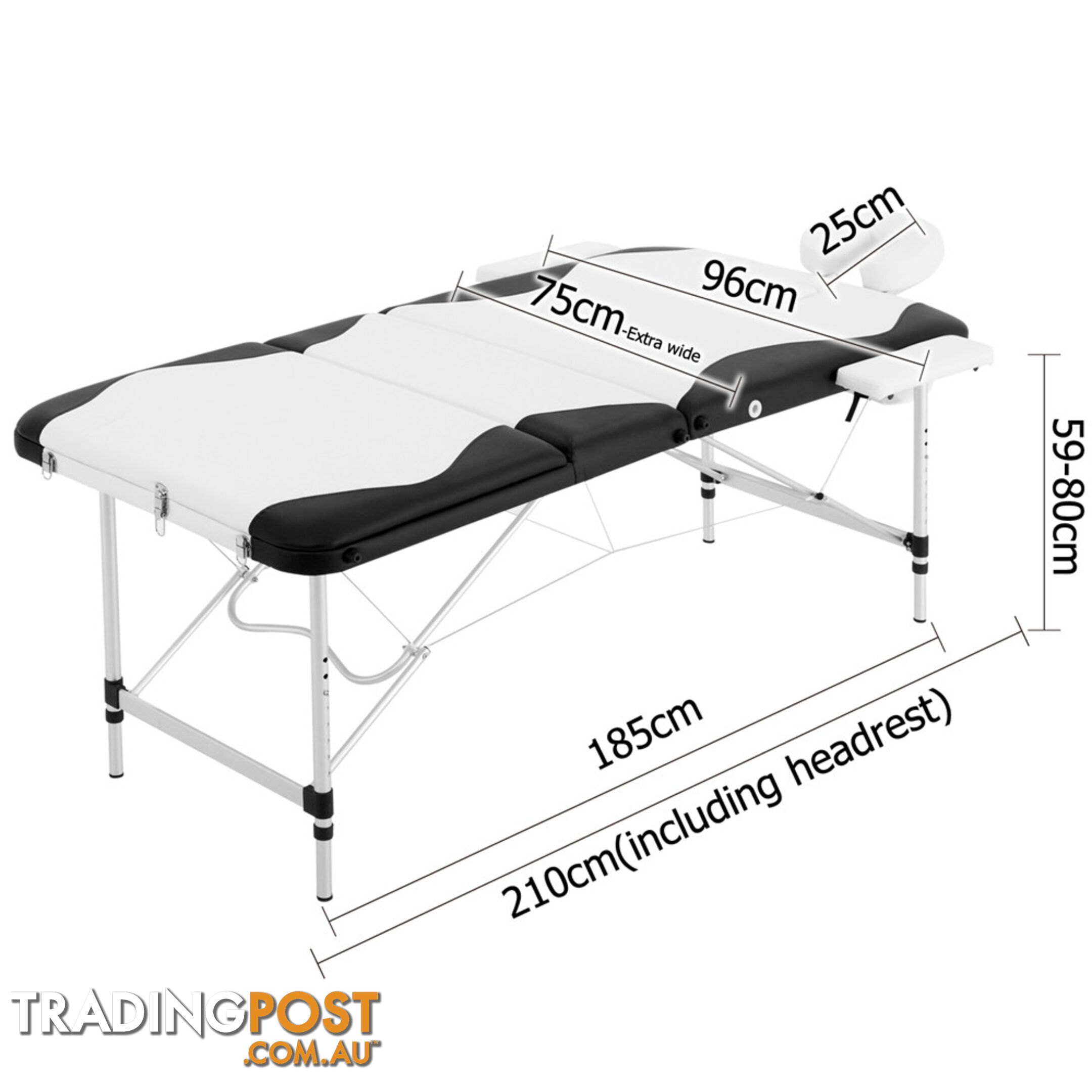 Portable Aluminium 3 Fold Massage Table Chair Bed Black White 75cm