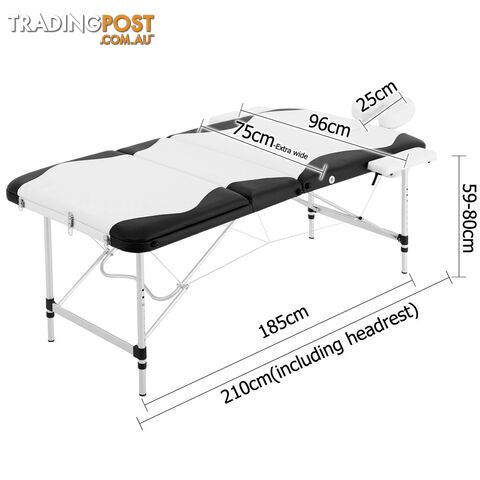 Portable Aluminium 3 Fold Massage Table Chair Bed Black White 75cm