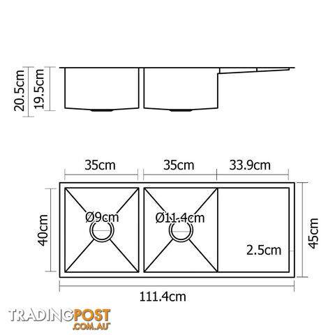 Stainless Steel Kitchen/Laundry Sink w/ Strainer Waste 1135 x 450mm