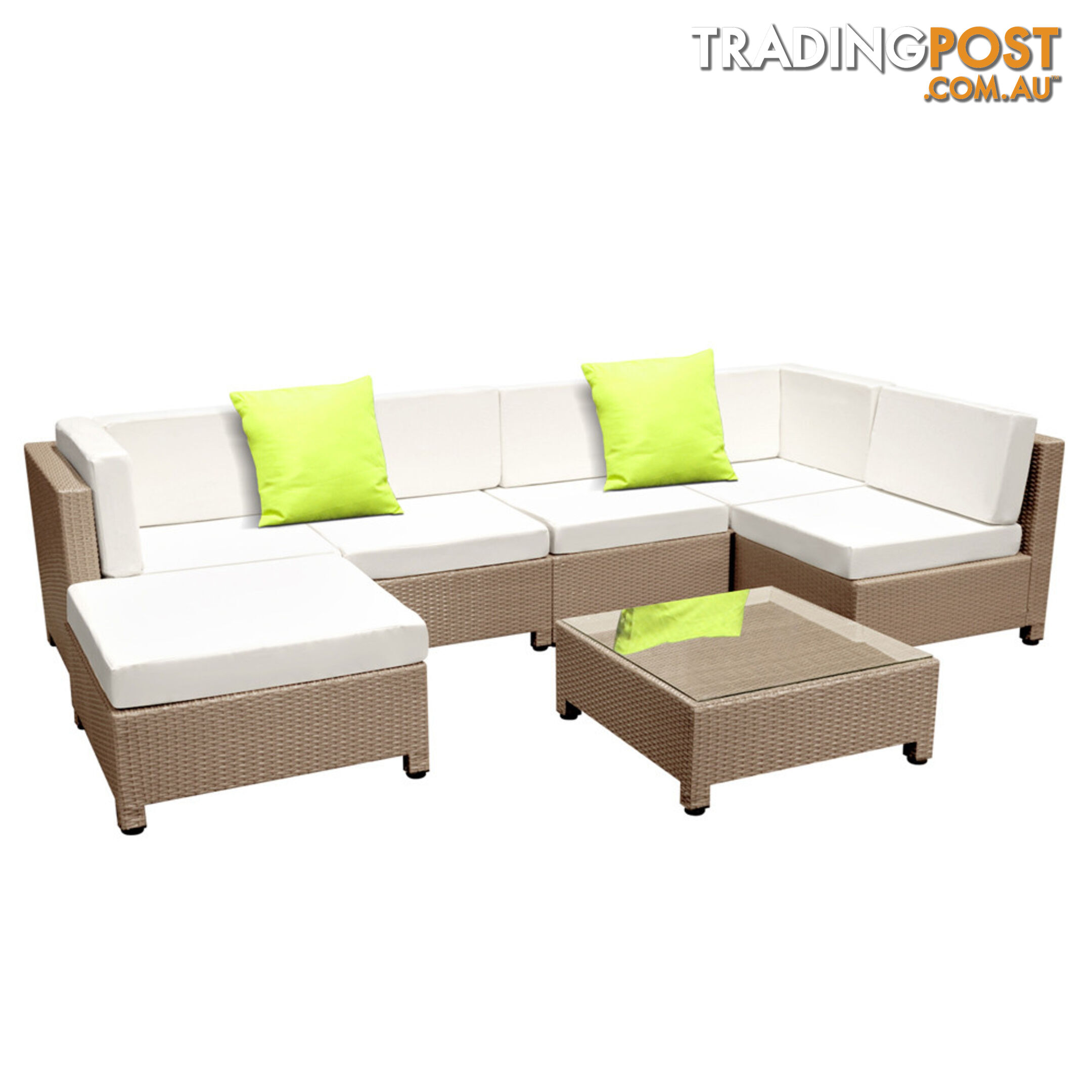 7 pcs Brown Wicker Rattan 6 Seater Outdoor Lounge Set Beige