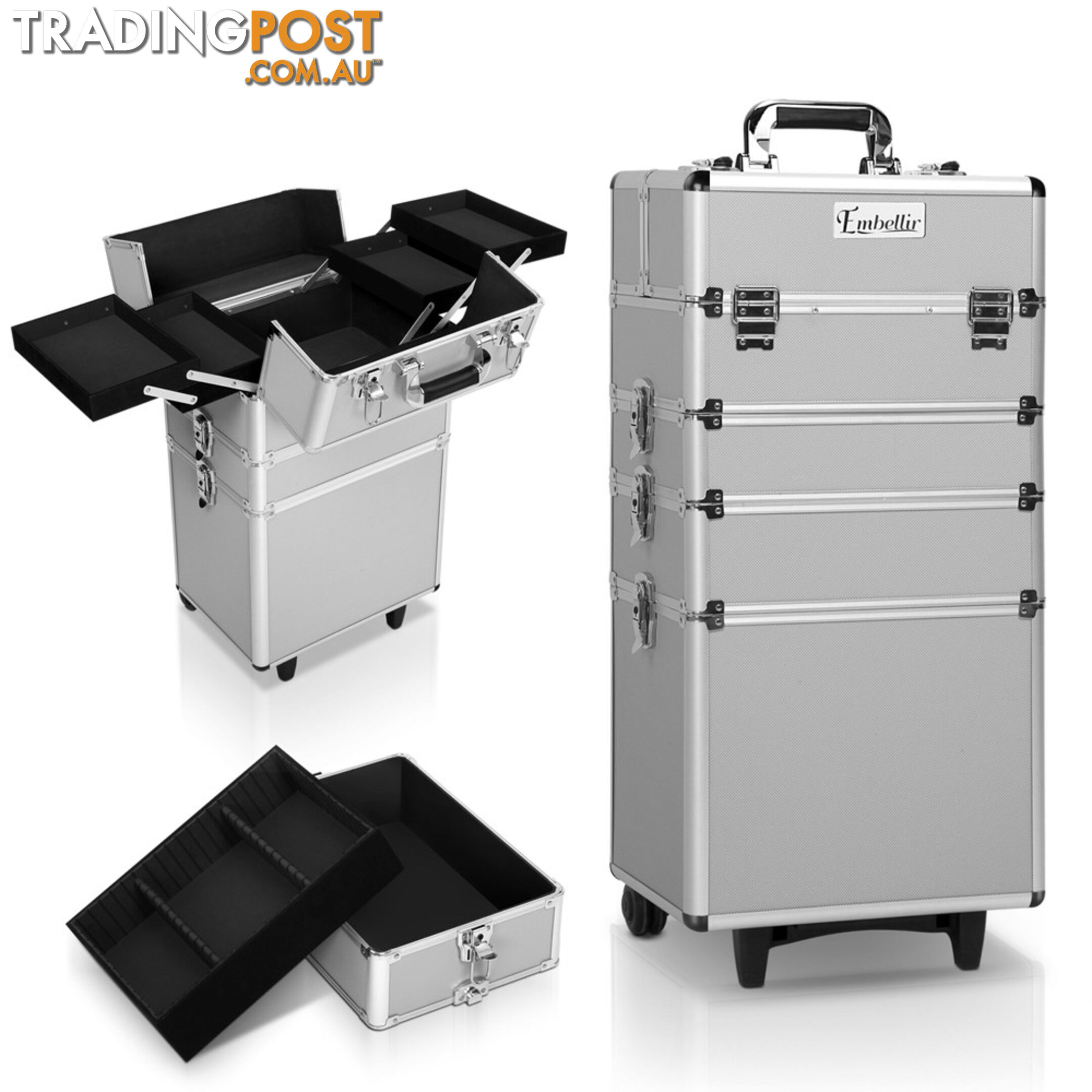 7 in 1 Portable Beauty Make up Cosmetic Trolley Case Silver