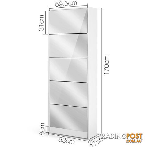 Mirrored Shoe Cabinet Storage 5 Drawers Shelf White