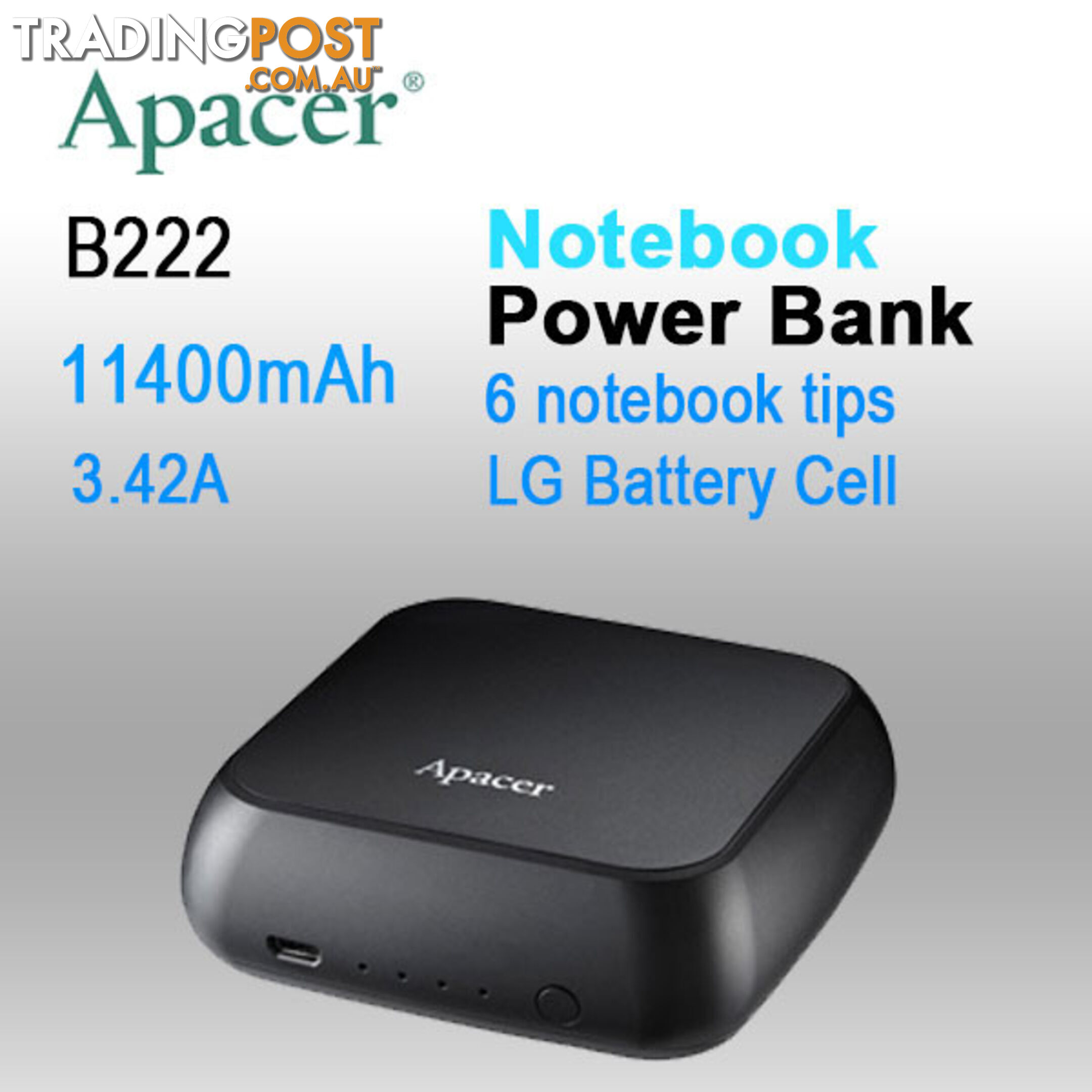 APACER mini NOTEBOOK POWER BANK B222 11400mAh with 6 tips,2x Fast USB Charger for Smart phone, Tablet etc.