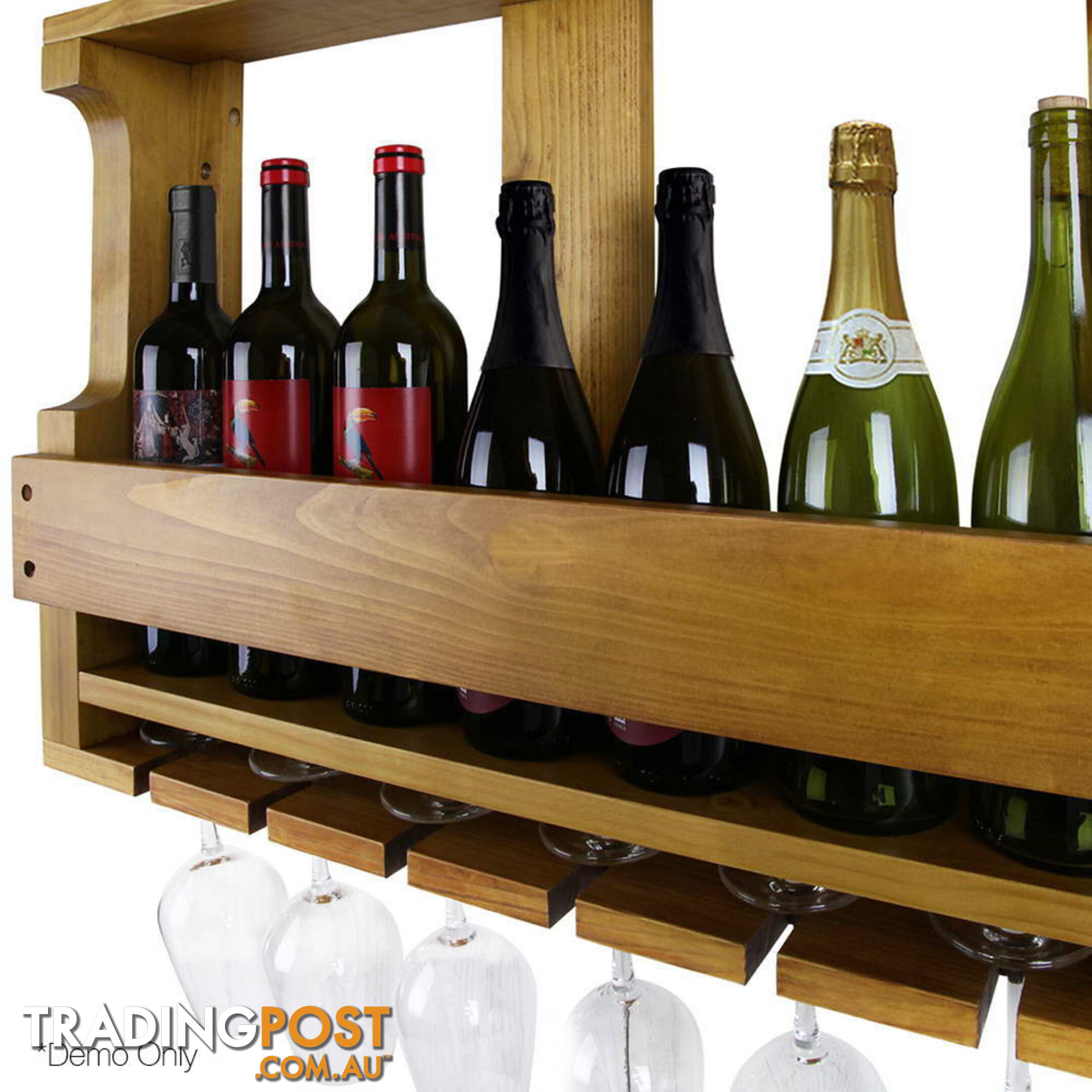 7 Bottle Wall Mounted Wine & Glass Rack - Brown