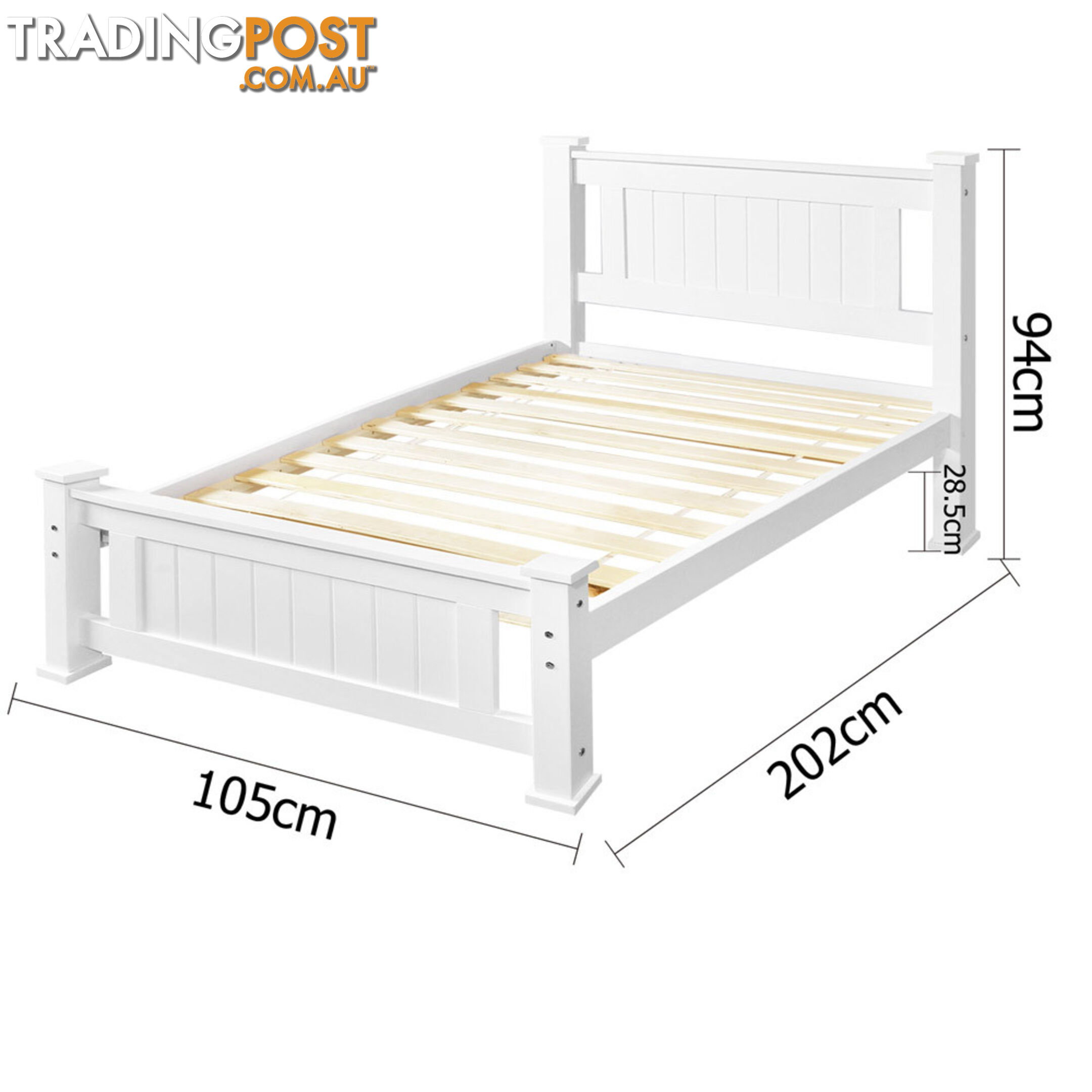 Wooden Bed Frame Pine Wood w/ Drawers Single White