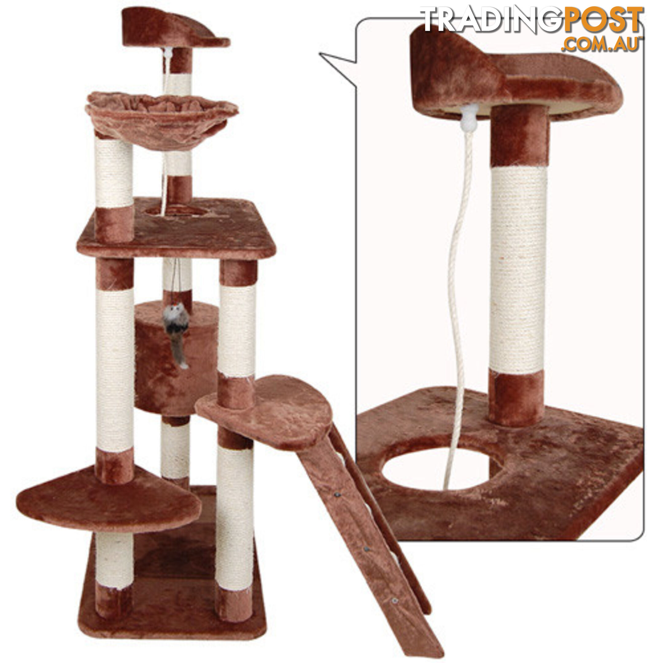 Multi Level Cat Scratching Poles Tree w/ Ladder Brown