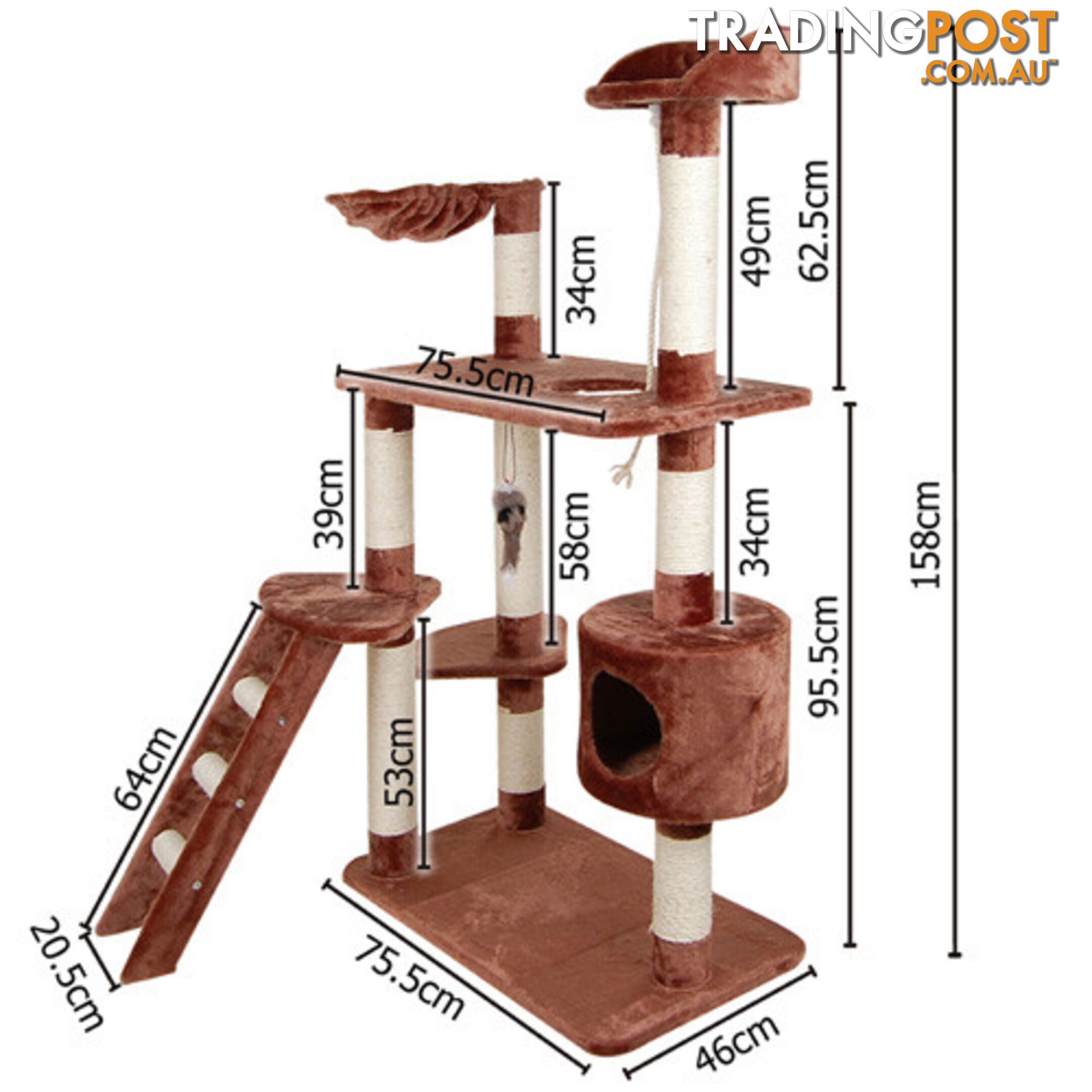 Multi Level Cat Scratching Poles Tree w/ Ladder Brown